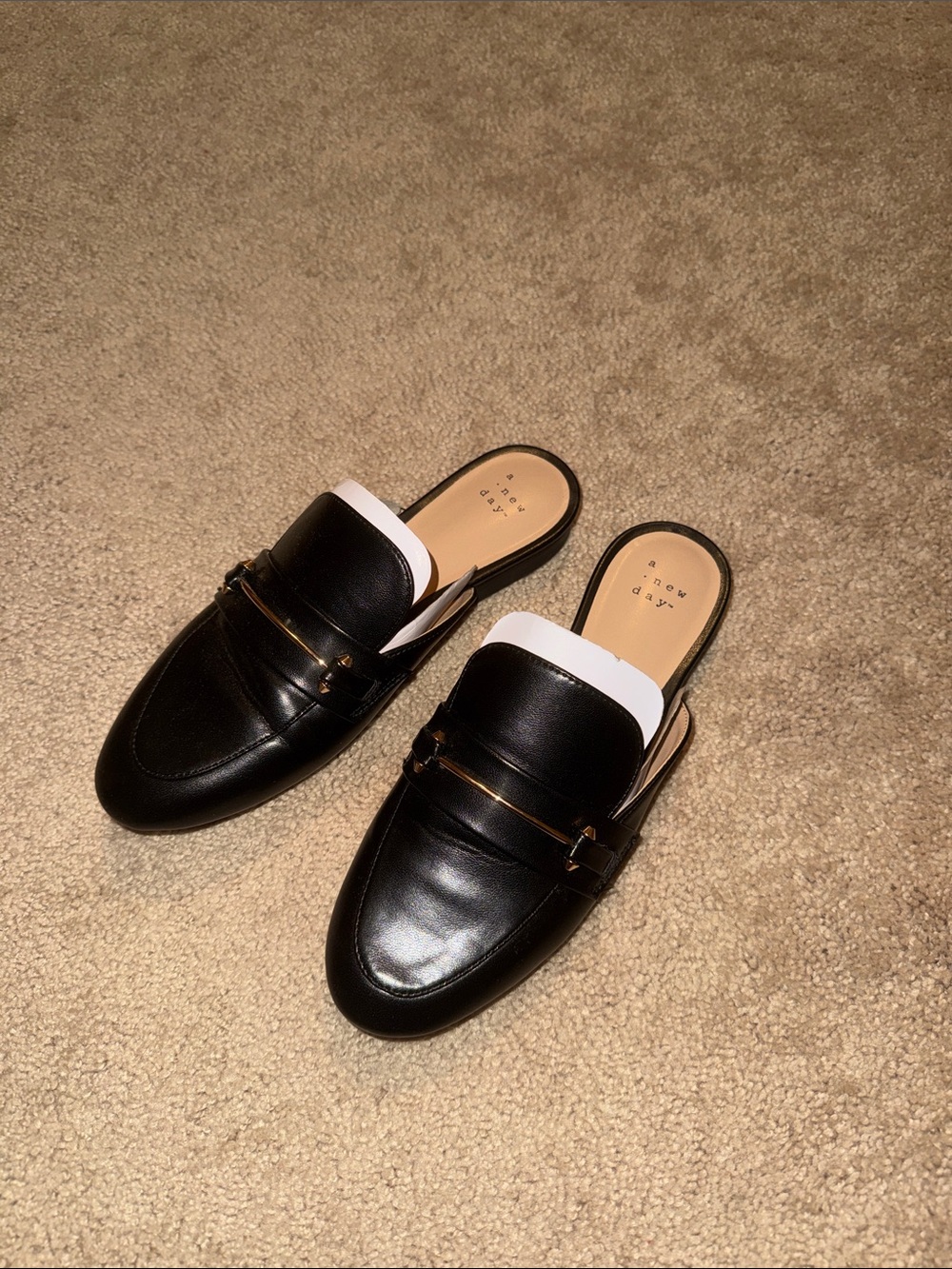 a new day Black Leather Slip-On Loafer Mules with Gold Bit